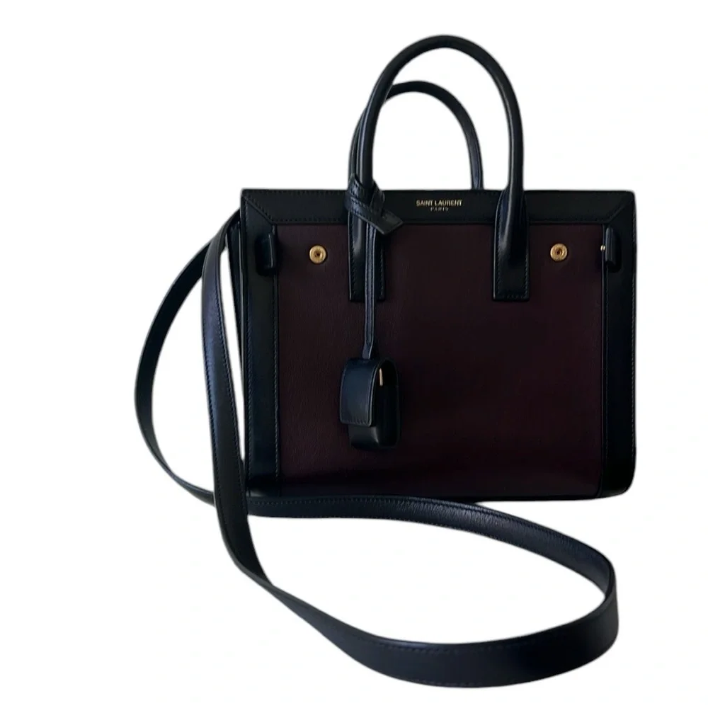 SAINT LAURENT SMALL SAC DE JOUR LEATHER TOTE BAG IN UMBER,NERO - Picture 12 of 16